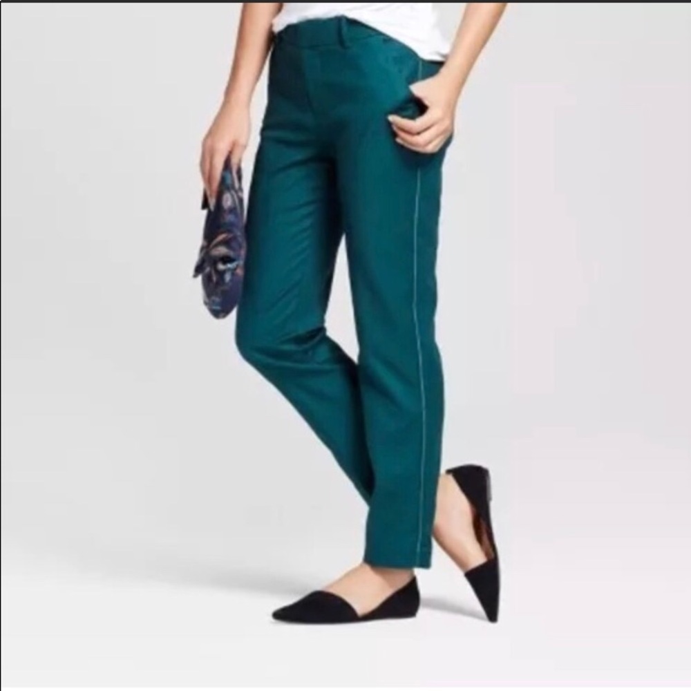 Teal green pants with velvet piping